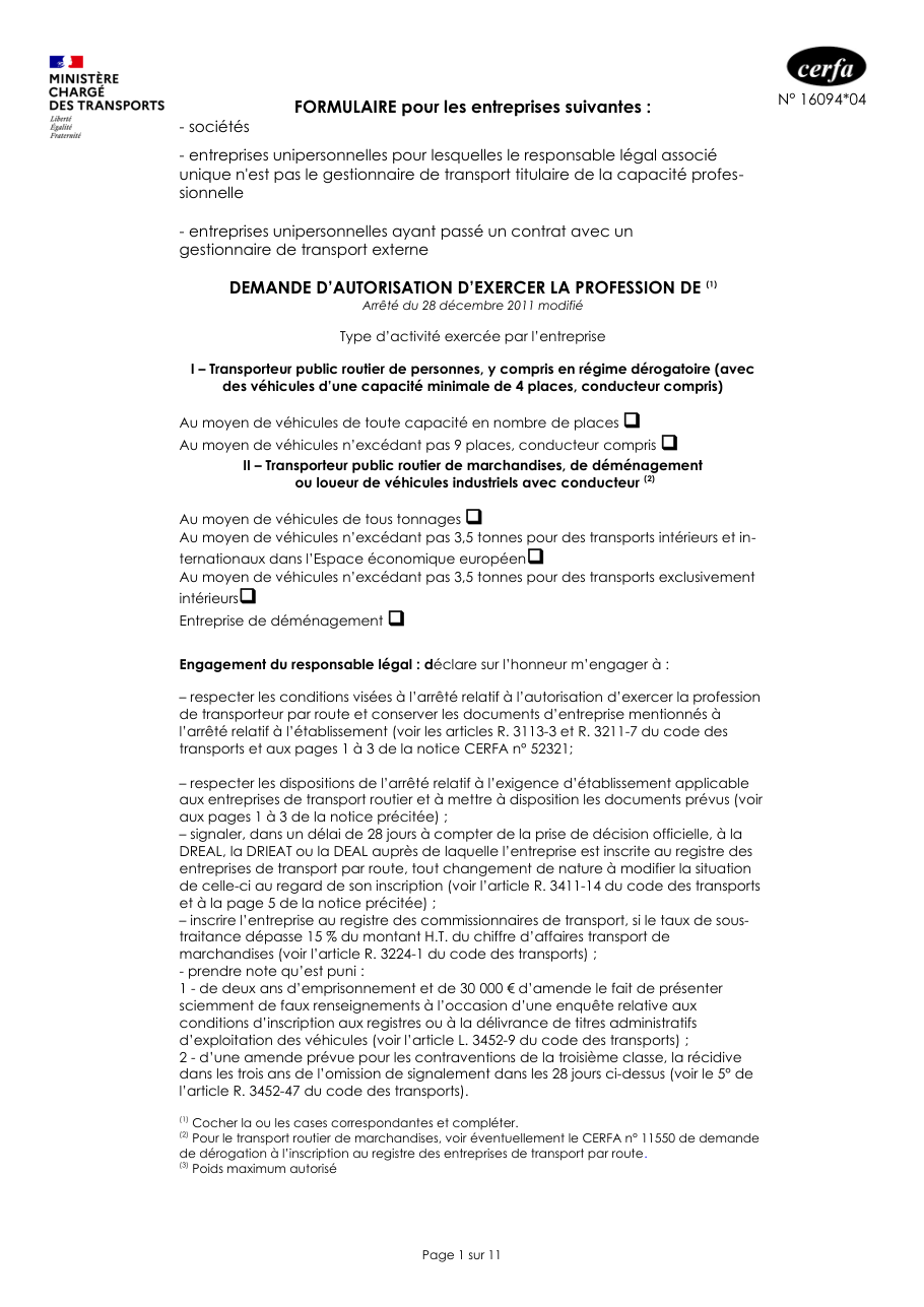 Page 1 du formulaire cerfa 16094 — Formulaire pour les entreprises (sociétés ou entreprises unipersonnelles) — demande d'auto