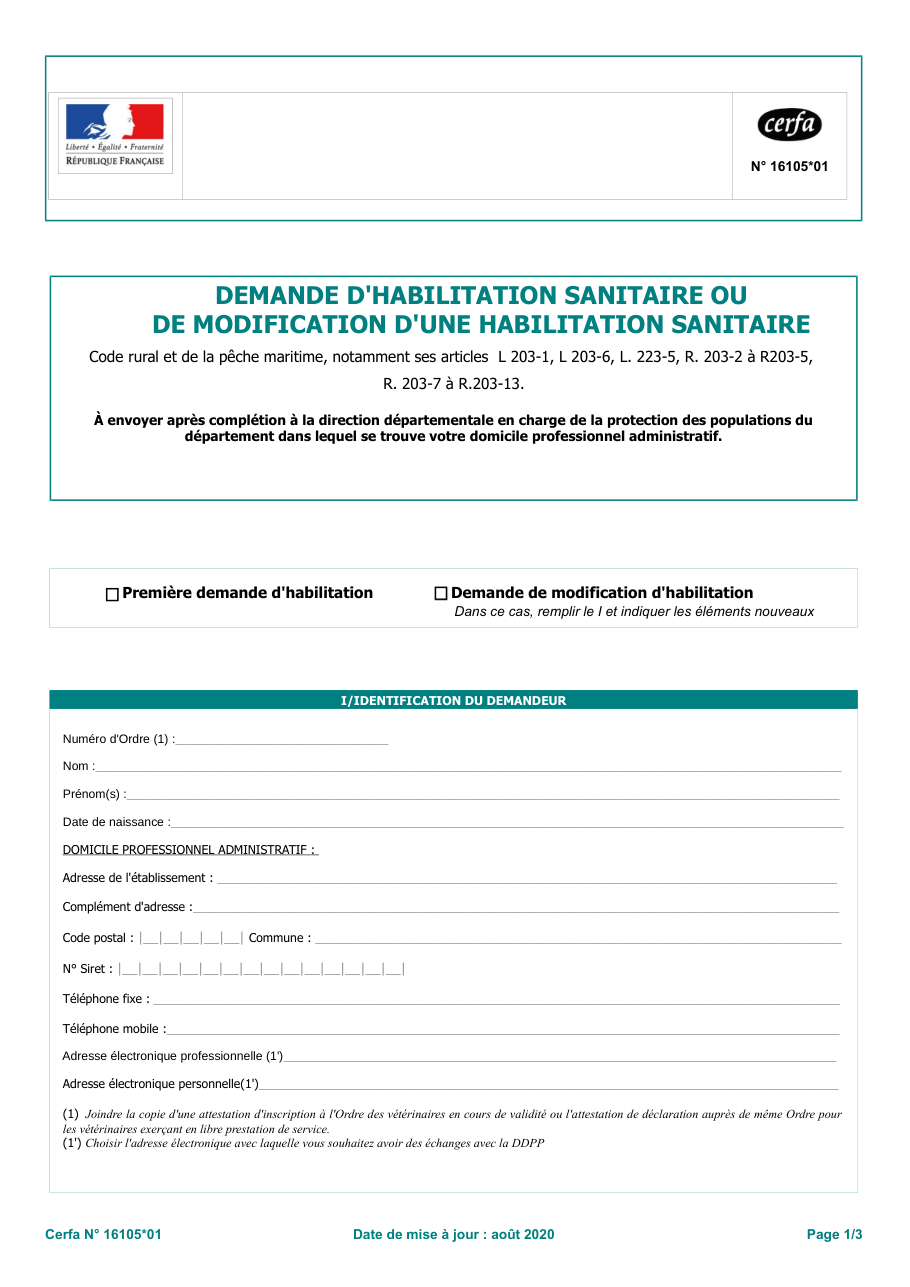 Page 1 du formulaire cerfa 16105 — Demande d'habilitation sanitaire ou de modification d'une habilitation
