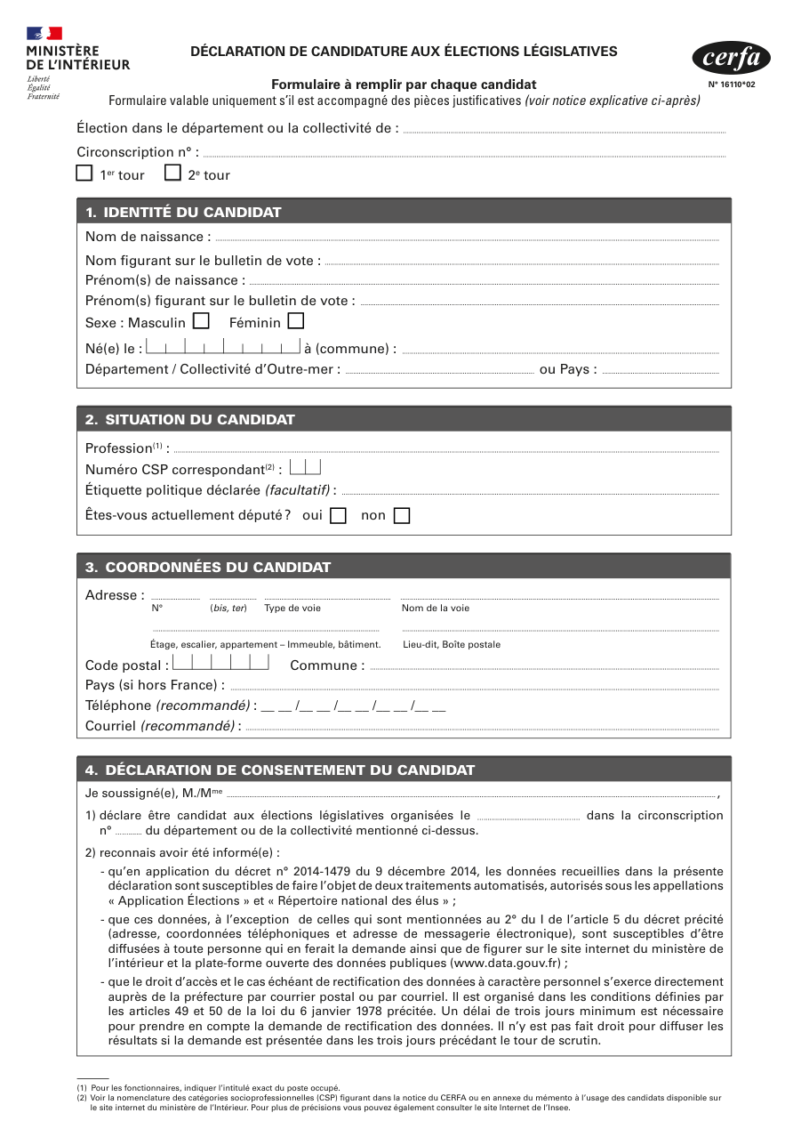 Page 1 du formulaire cerfa 16110 — Déclarer sa candidature aux élections législatives et désigner son remplaçant