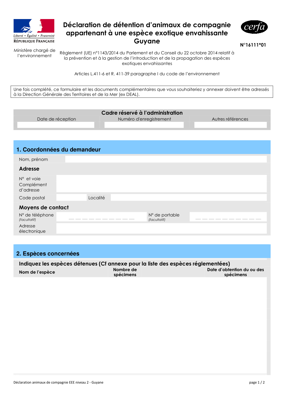 Page 1 du formulaire cerfa 16111 — Déclaration de détention d'animaux de compagnie appartenant à une espèce exotique envahissante