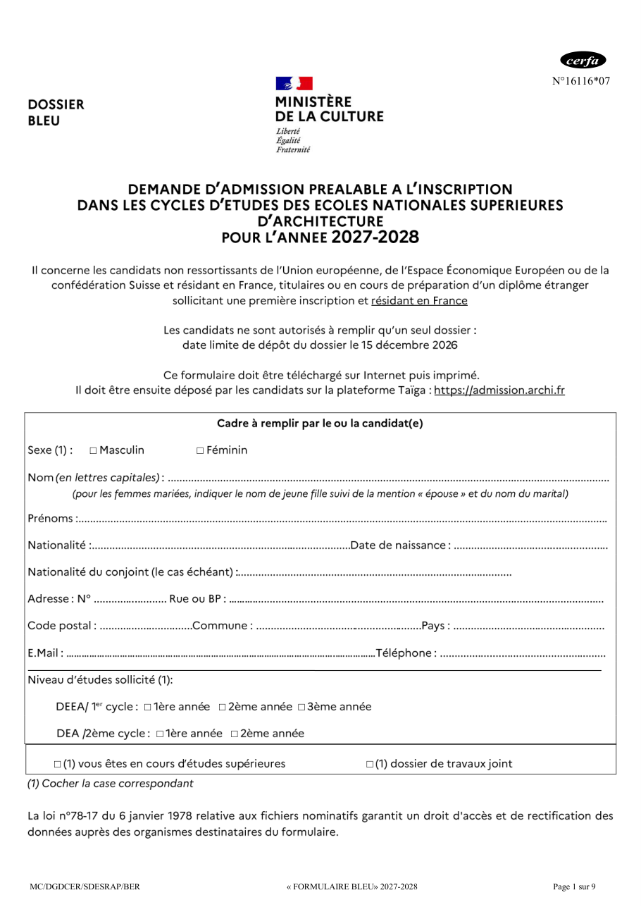 Page 1 du formulaire cerfa 16116 — Demande d'admission préalable à l'inscription dans les cycles d'études des écoles national