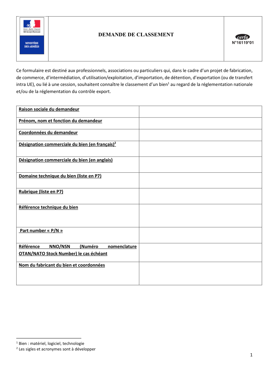 Page 1 du formulaire cerfa 16119 — Demande de classement d'un bien au regard de la réglementation des matériels de guerre