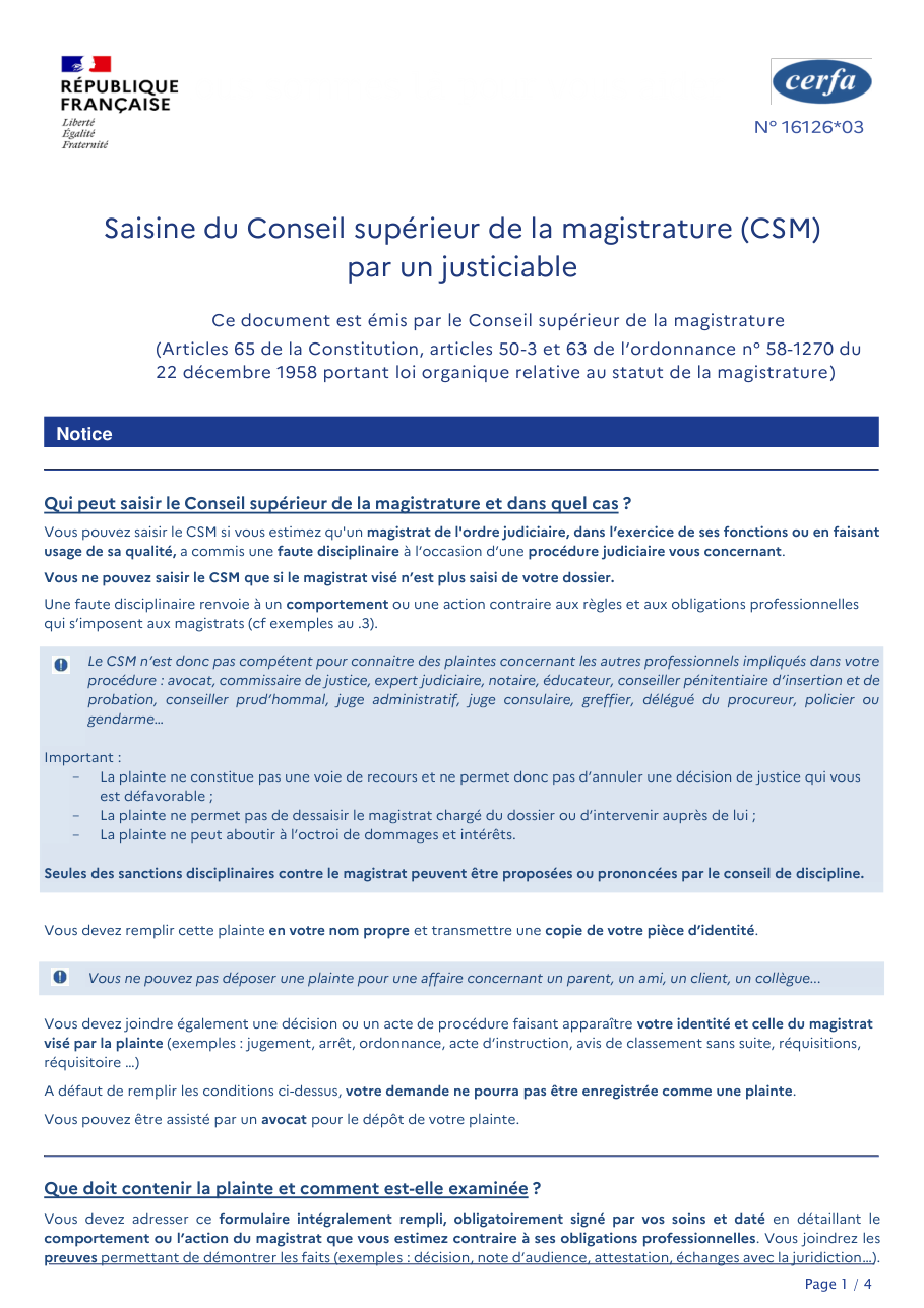 Page 1 du formulaire cerfa 16126 — Porter plainte contre un magistrat devant le Conseil supérieur de la magistrature