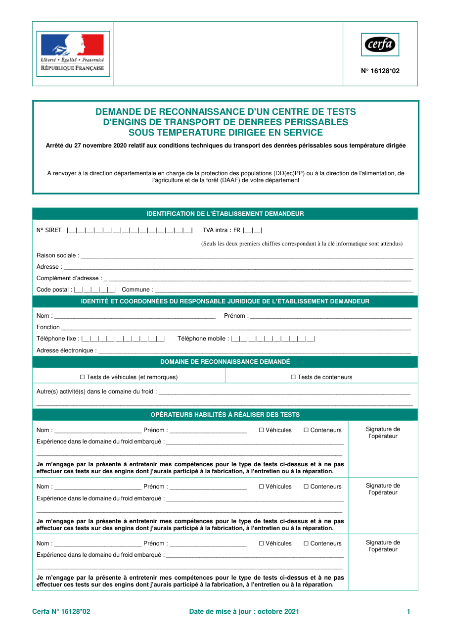 Page 1 du formulaire cerfa 16128 — Demander la reconnaissance d'un centre de tests d'engins de transport sous température dirigée