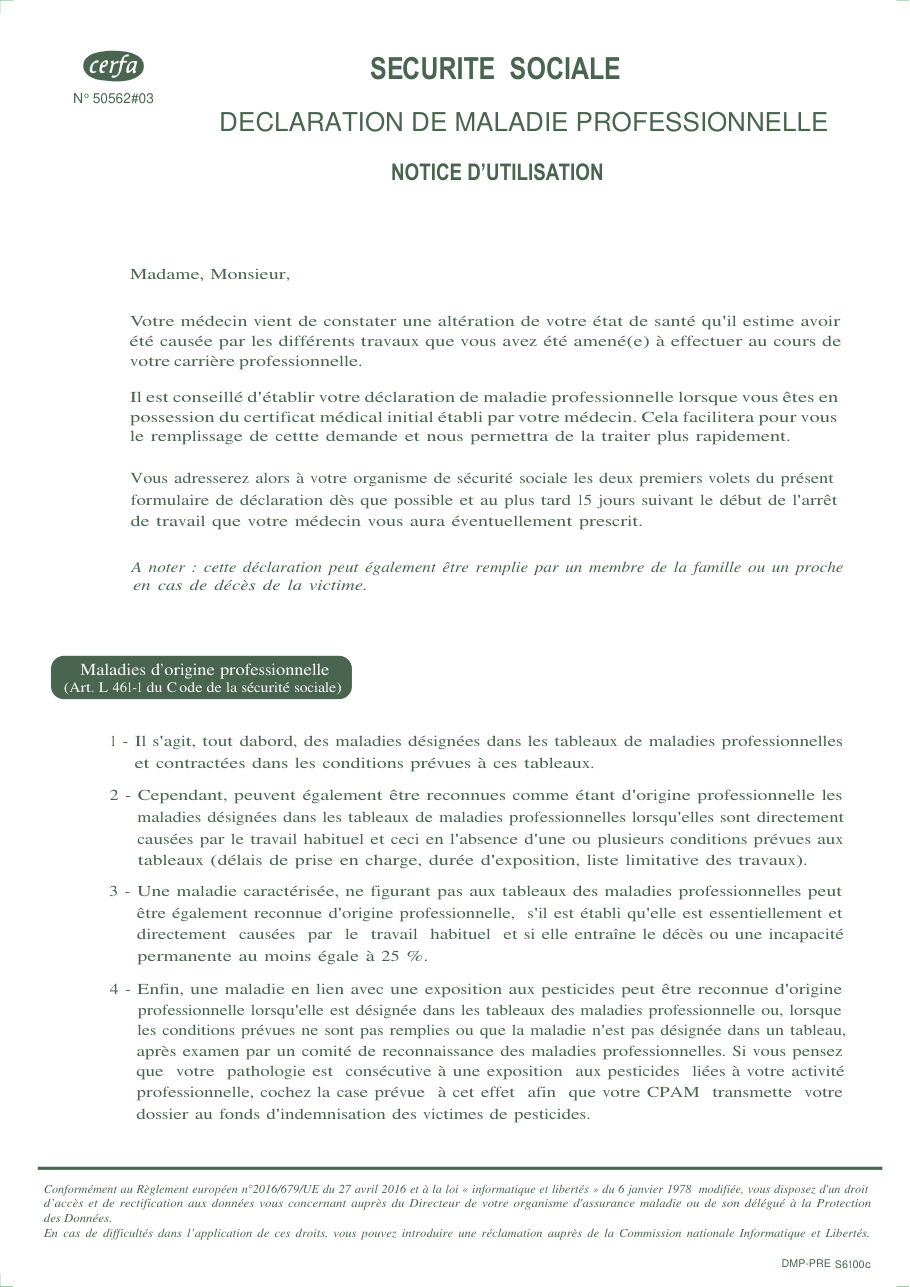 Page 1 du formulaire cerfa 16130 — Déclaration de maladie professionnelle