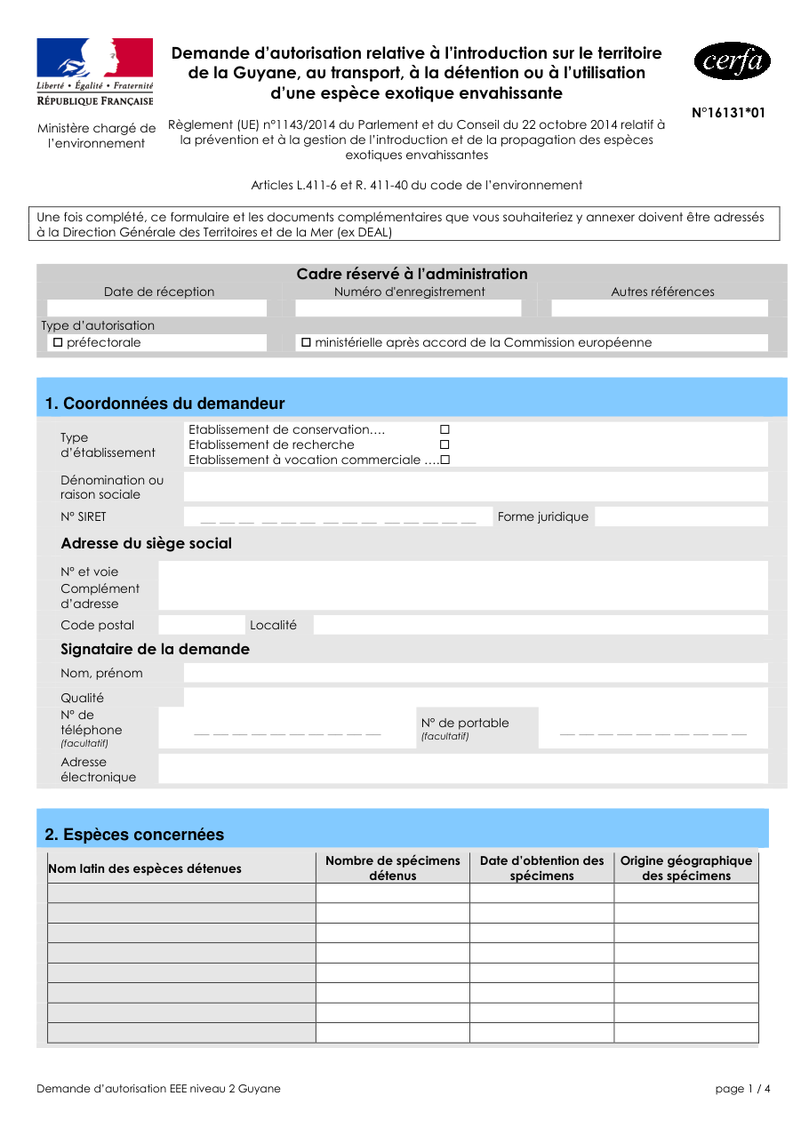 Page 1 du formulaire cerfa 16131 — Demande d'autorisation relative à l'introduction, au transport, à la détention