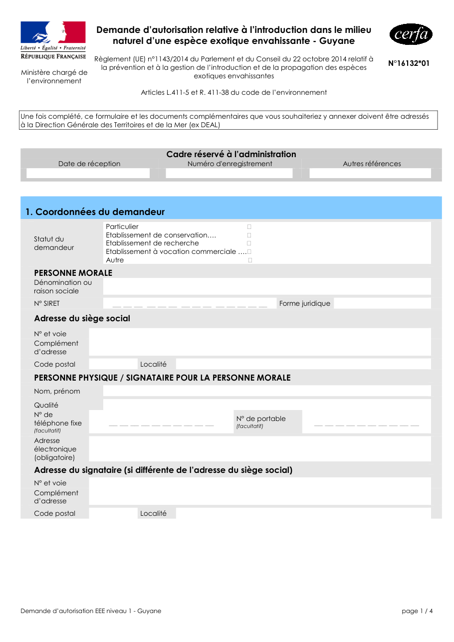 Page 1 du formulaire cerfa 16132 — Demande d'autorisation relative à l'introduction dans le milieu naturel d'une espèce exotique envahissante