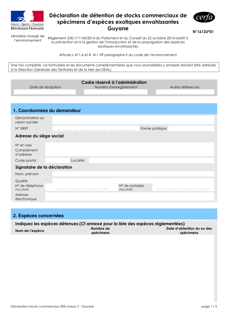 Page 1 du formulaire cerfa 16133 — Déclaration de détention de stocks commerciaux de spécimens d'espèces exotiques envahissantes