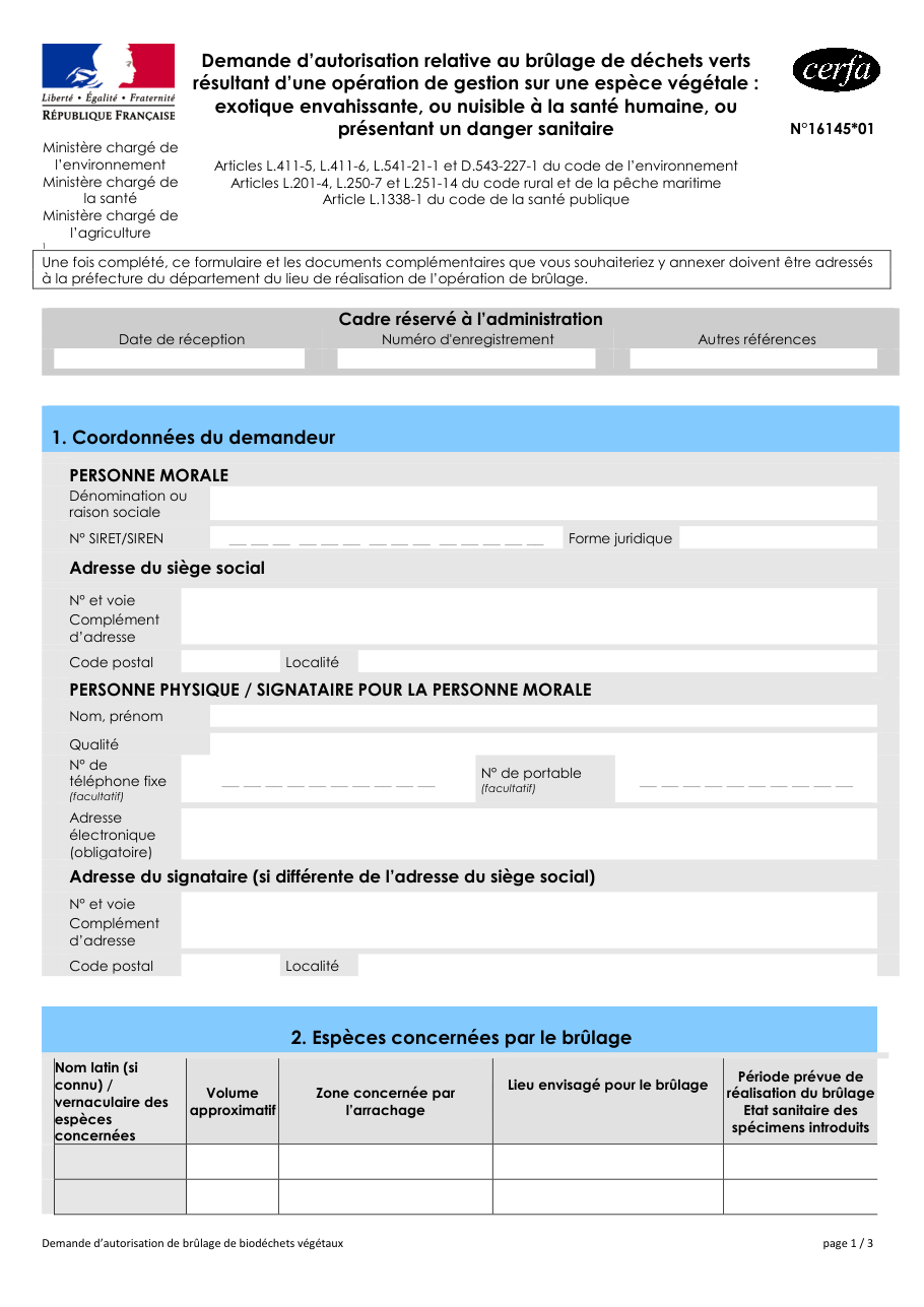 Page 1 du formulaire cerfa 16145 — Demande d'autorisation relative au brûlage de déchets verts