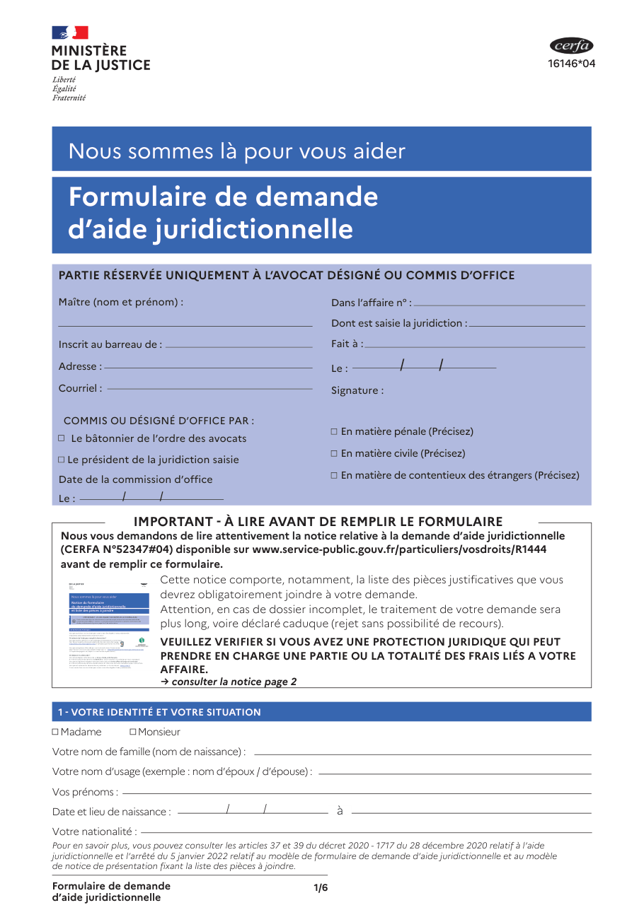 Page 1 du formulaire cerfa 16146*04 — Demande d'aide juridictionnelle