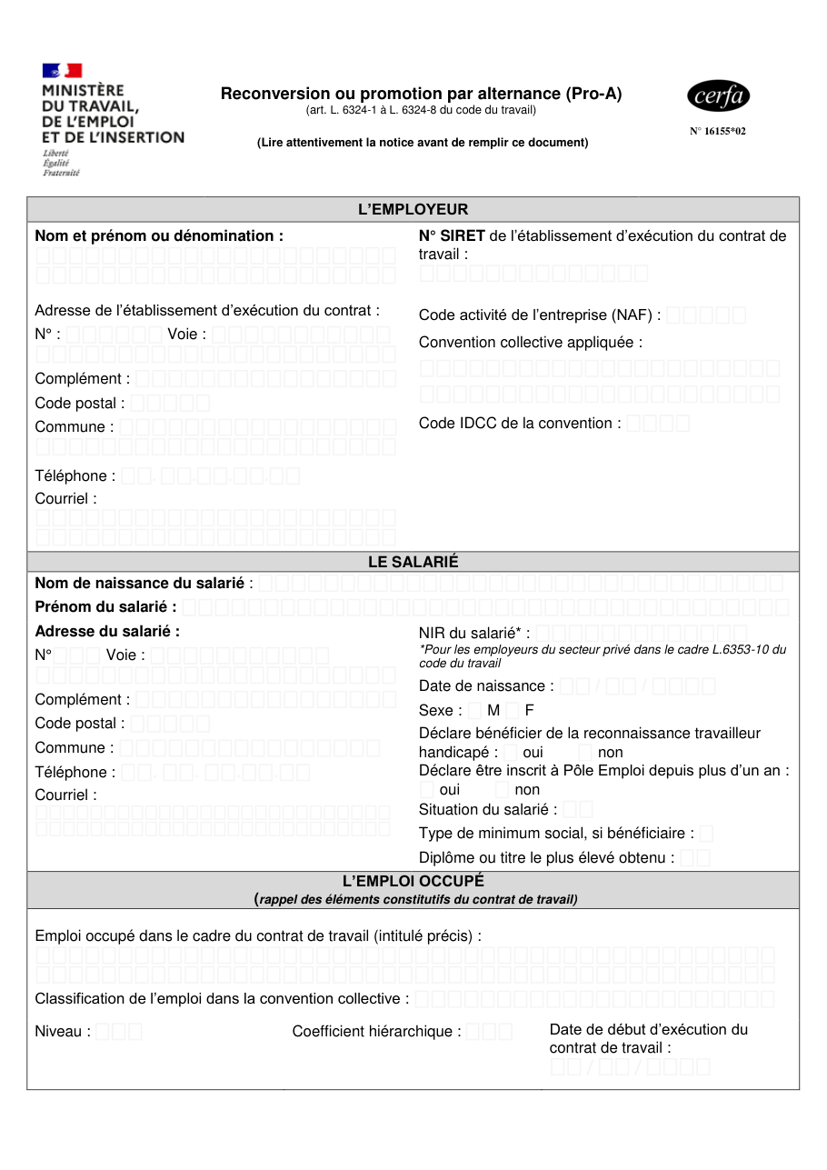 Page 1 du formulaire cerfa 16155 — Reconversion ou promotion par alternance (Pro-A)