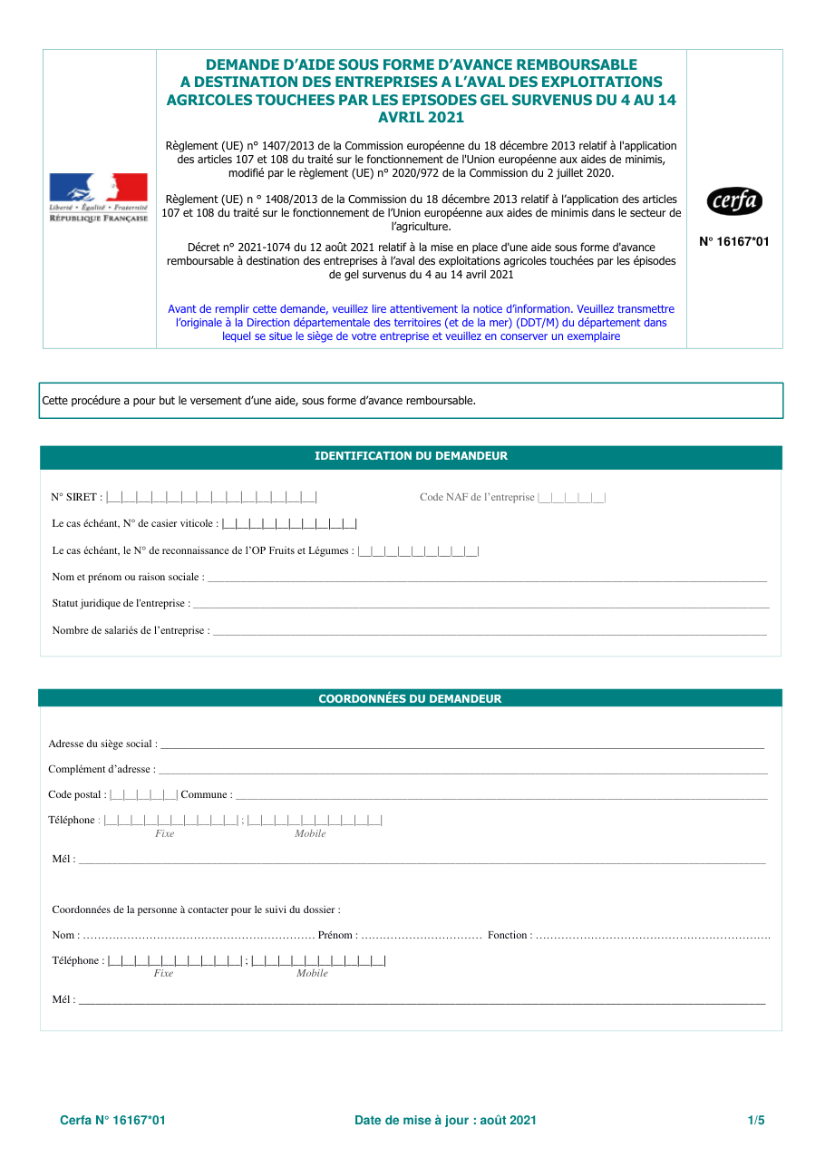 Page 1 du formulaire cerfa 16167 — Demande d'aide sous forme d'avance remboursable – Entreprises à l'aval des exploitations agricoles touchées par les épisodes de gel du 4 au 14 avril 2021