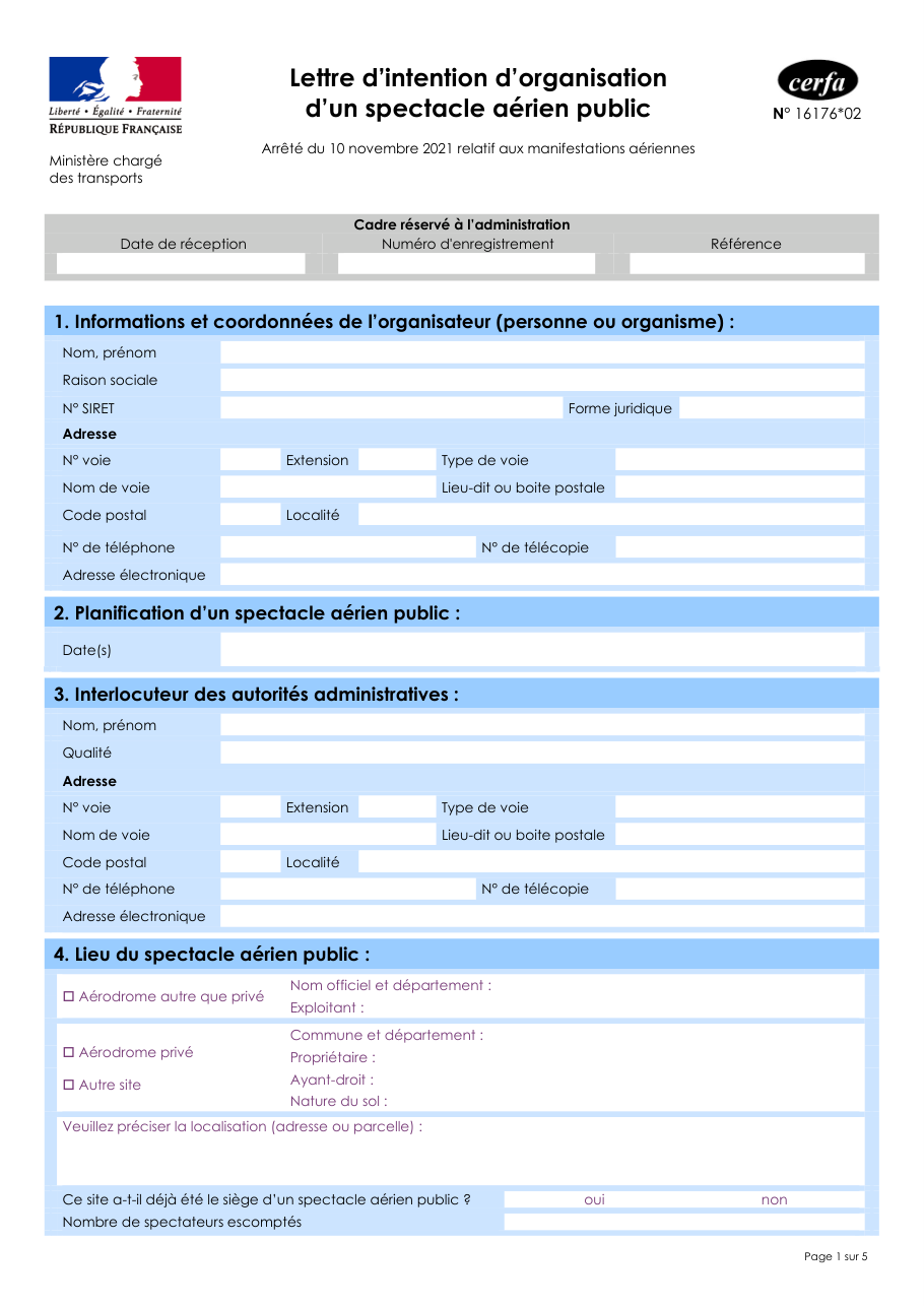 Page 1 du formulaire cerfa 16176 — Lettre d’intention d’organisation d’un spectacle aérien public