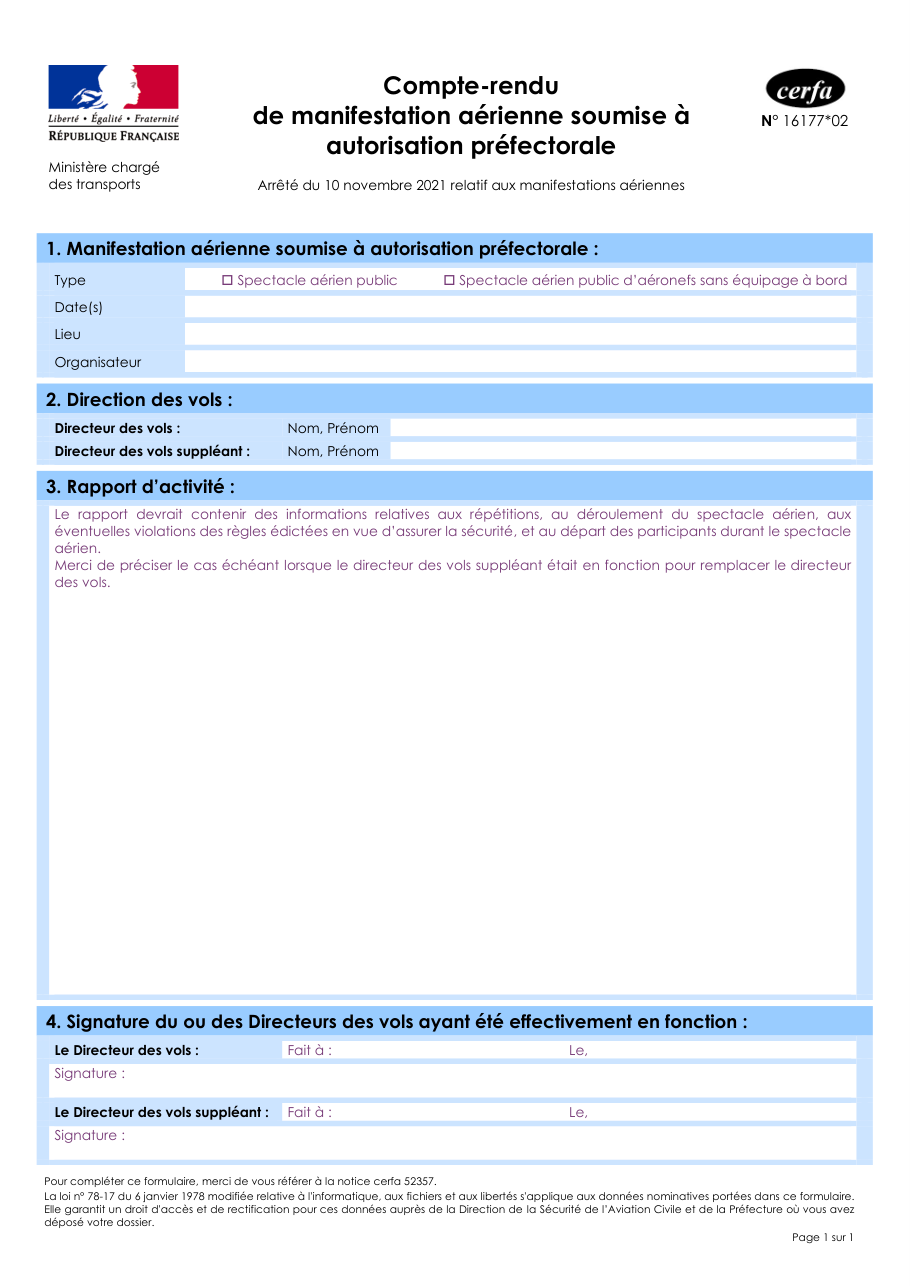 Page 1 du formulaire cerfa 16177 — Compte-rendu de manifestation aérienne soumise à autorisation préfectorale