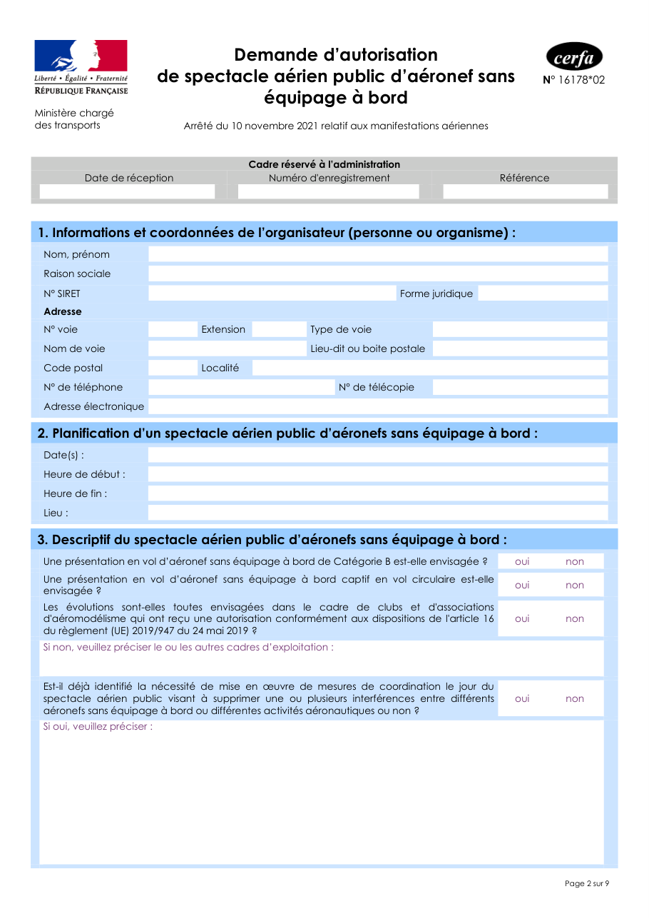 Page 1 du formulaire cerfa 16178 — Demande d'autorisation de spectacle aérien public d'aéronef sans équipage à bord