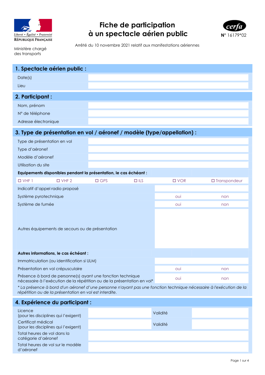 Page 1 du formulaire cerfa 16179 — Fiche de participation à un spectacle aérien public