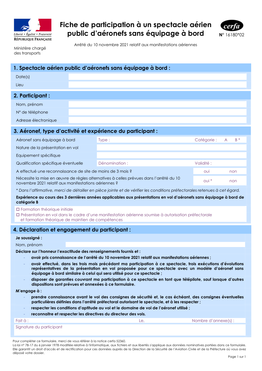 Page 1 du formulaire cerfa 16180 — Fiche de participation à un spectacle aérien public d’aéronefs sans équipage