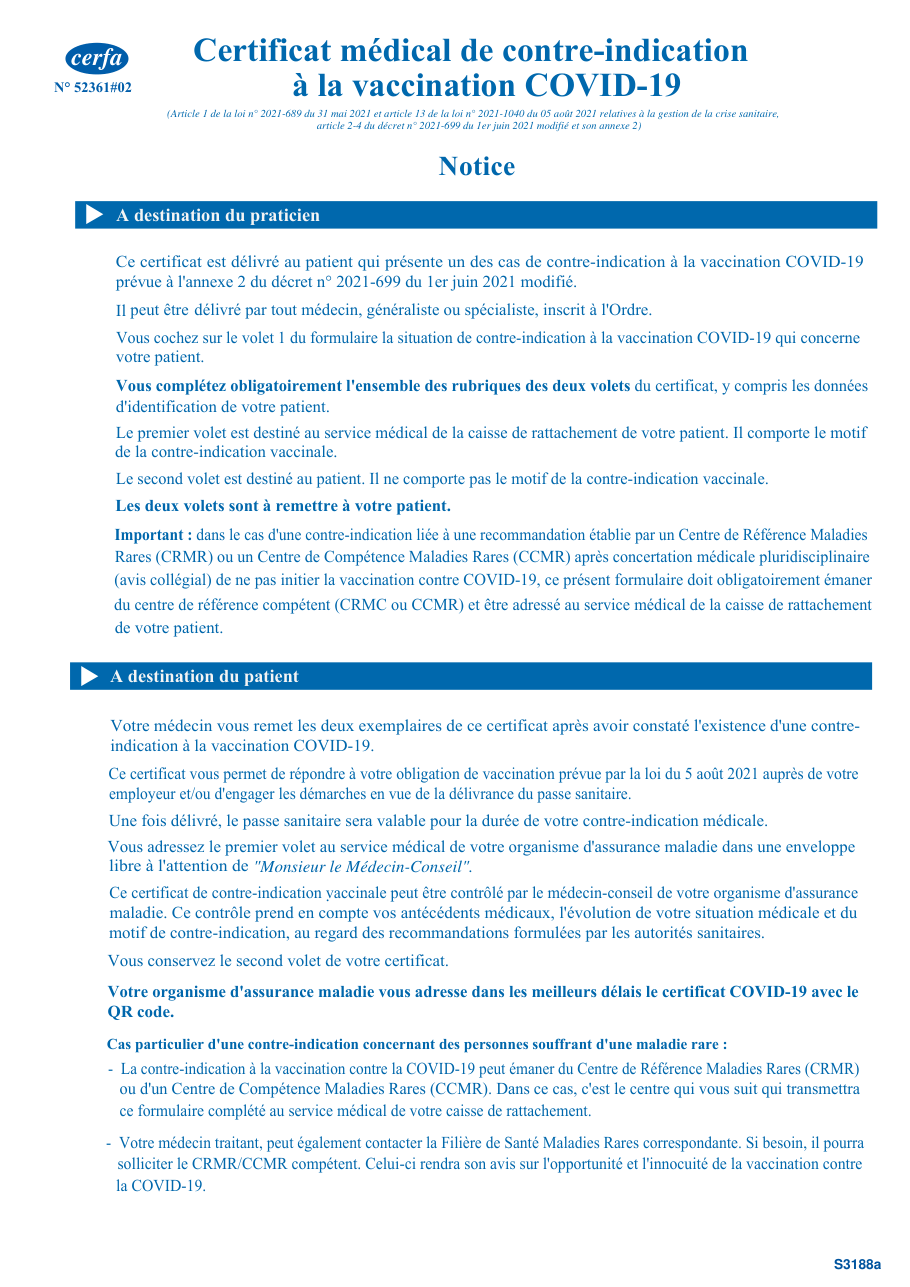 Page 1 du formulaire cerfa 16183 — Certificat médical de contre-indication à la vaccination COVID-19