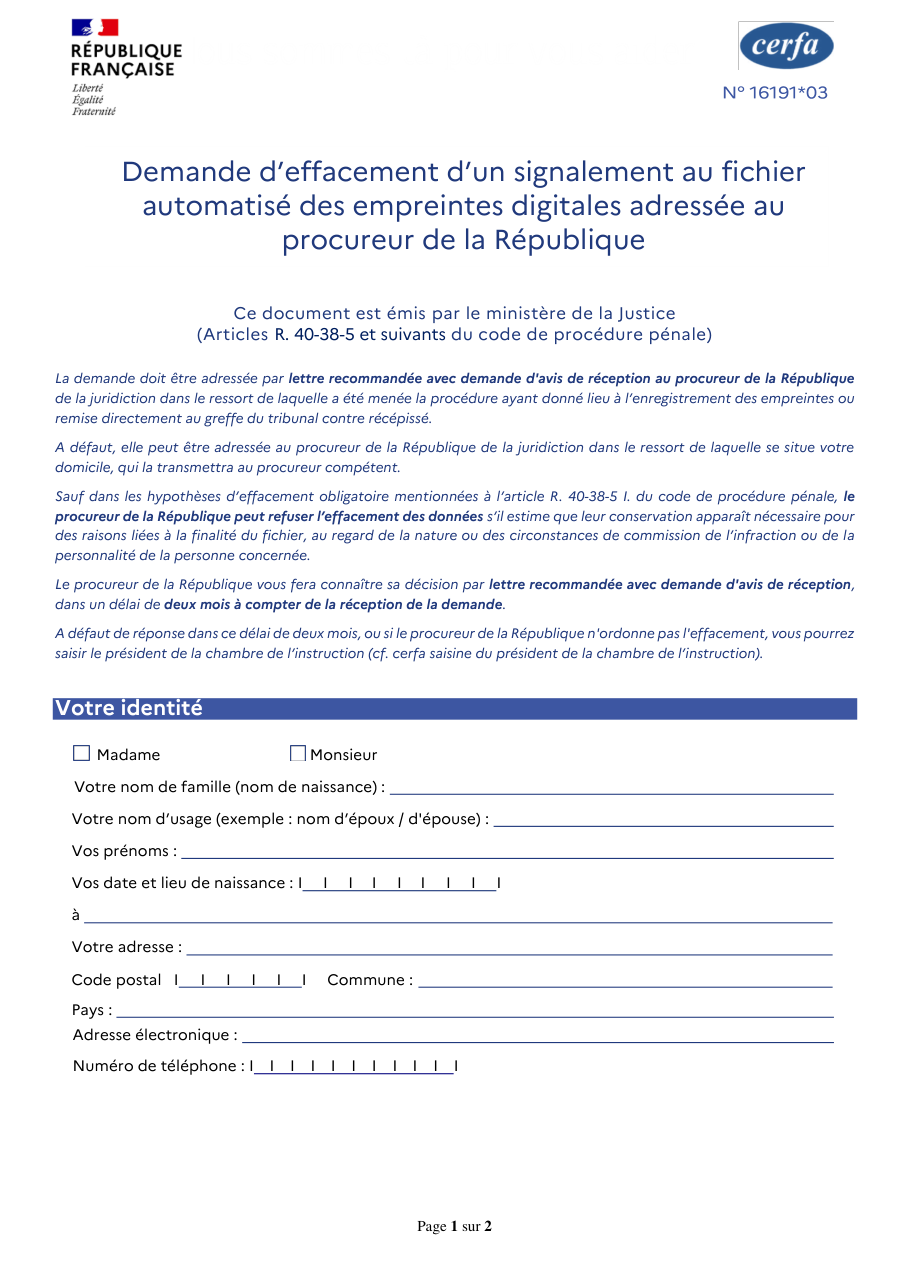 Page 1 du formulaire cerfa 16191 — Demande d'effacement d'un signalement au fichier automatisé des empreintes digitales