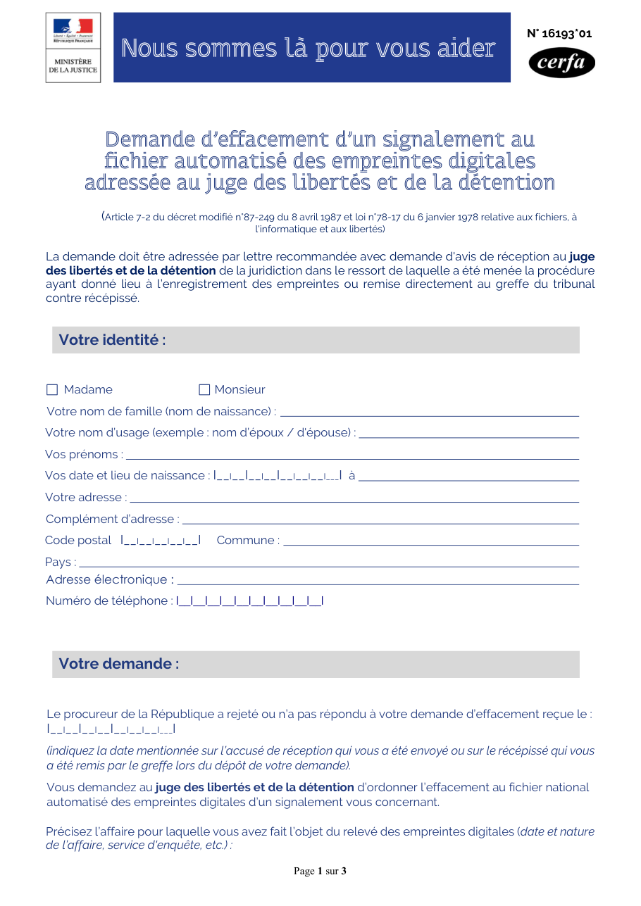 Page 1 du formulaire cerfa 16193 — Requête relative à l’enregistrement des empreintes — juge des libertés et de la détention