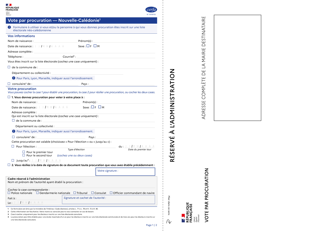 Page 1 du formulaire cerfa 16199 — Vote par procuration — Nouvelle-Calédonie