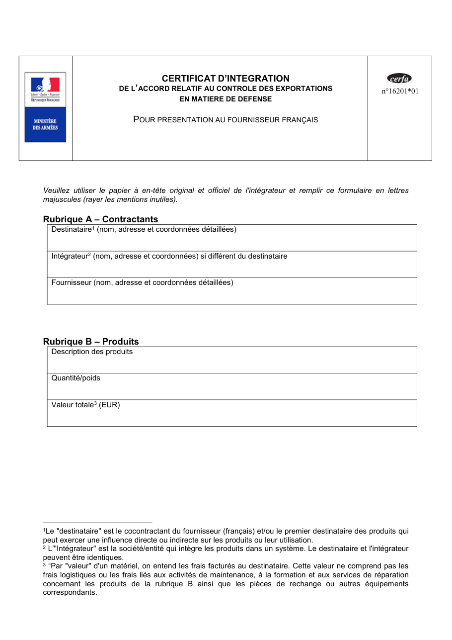 Page 1 du formulaire cerfa 16201 — Certificat d'intégration de l'accord relatif au contrôle des exportations en matière