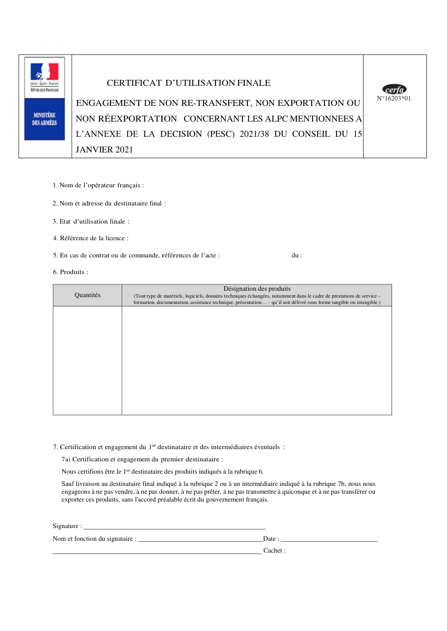 Page 1 du formulaire cerfa 16203 — Certificat d'utilisation finale — engagement de non-retransfert, non-exportation