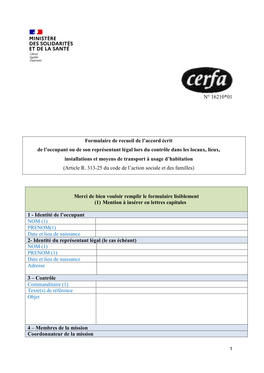 Page 1 du formulaire cerfa 16210 — Formulaire de recueil de l'accord écrit de l'occupant lors du contrôle d'un logement