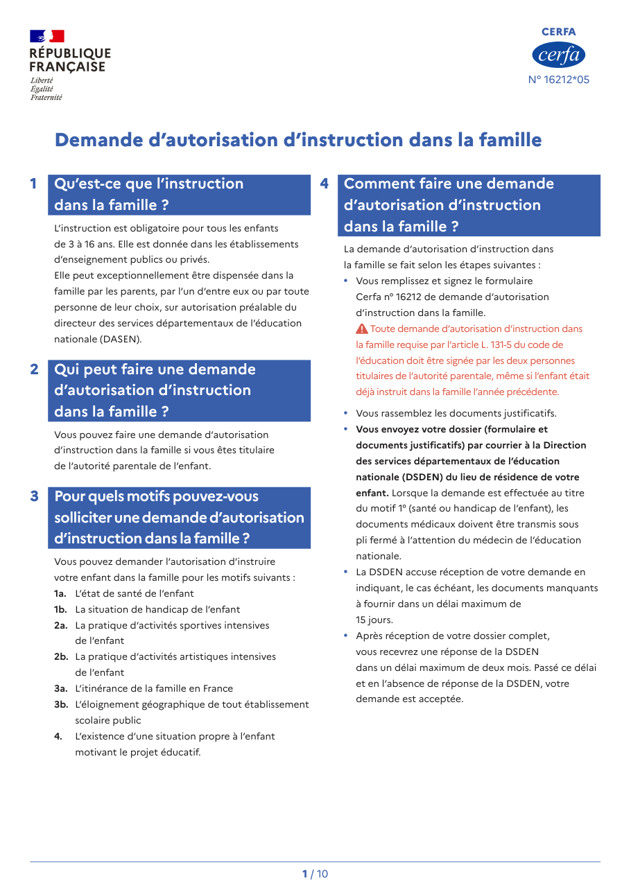 Page 1 du formulaire cerfa 16212 — Demande d'autorisation d'instruction dans la famille