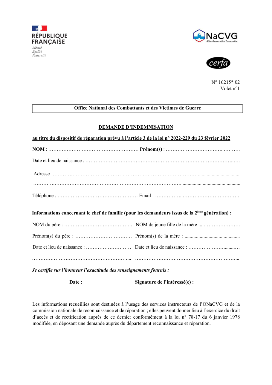 Page 1 du formulaire cerfa 16215 — Demander une indemnisation à l'ONaCVG au titre du dispositif de réparation