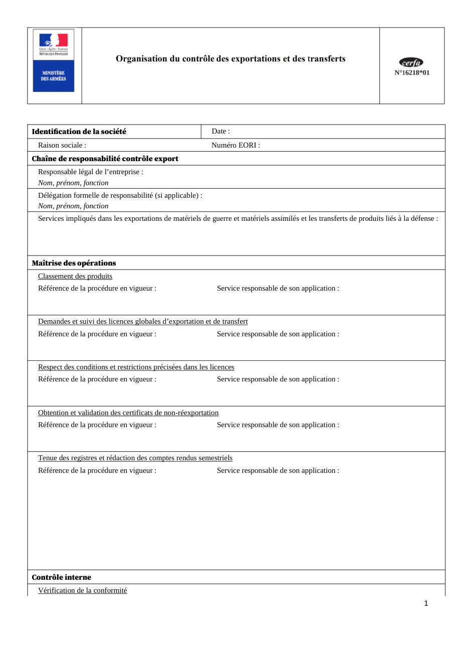 Page 1 du formulaire cerfa 16218 — Identification de la société — chaîne de responsabilité du contrôle export