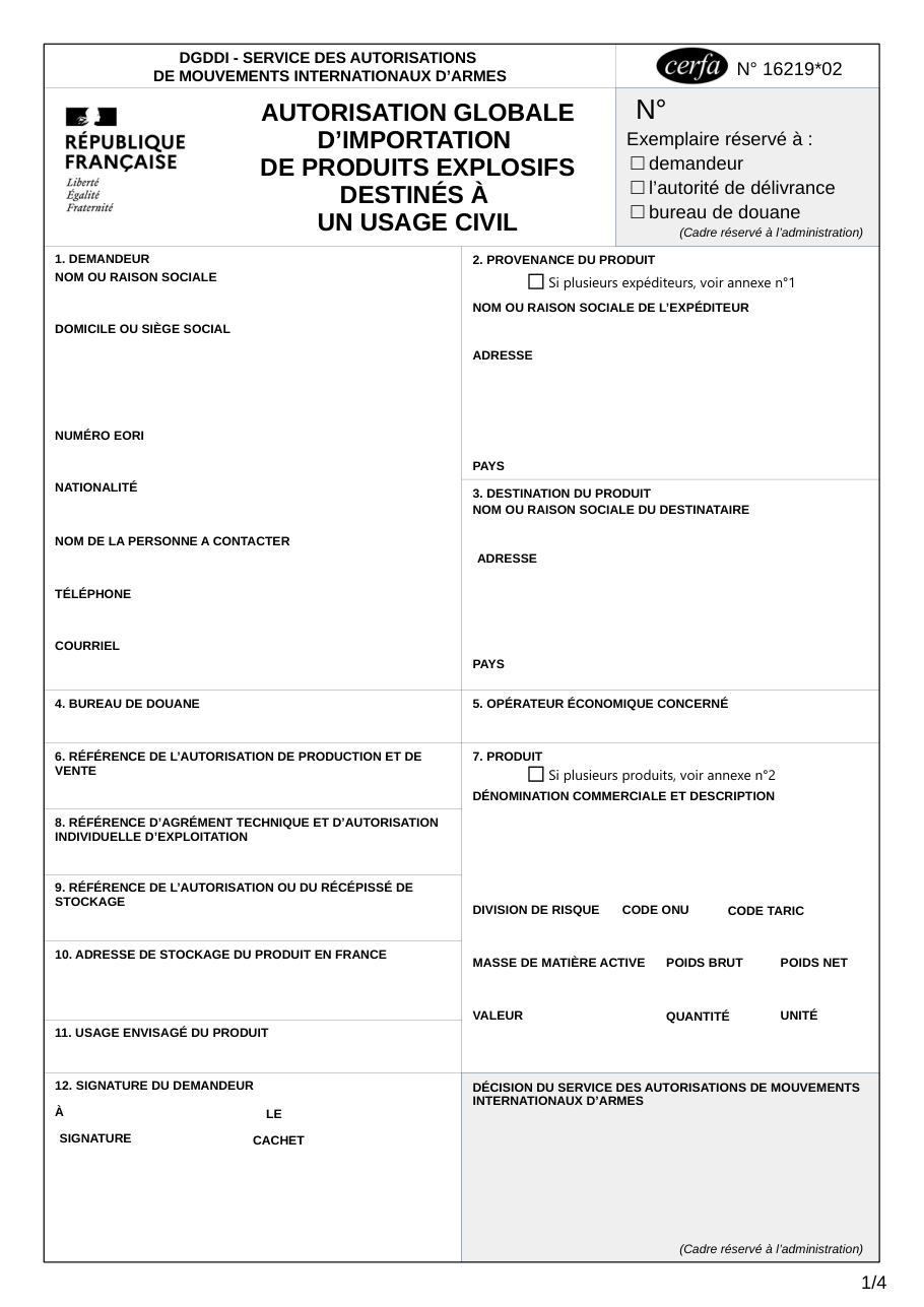 Page 1 du formulaire cerfa 16219 — Autorisation globale d'importation de produits explosifs destinés à un usage civil