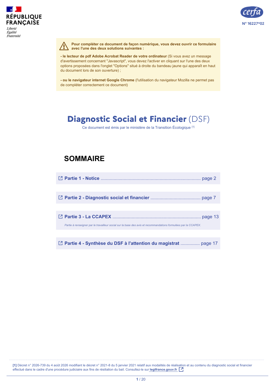 Page 1 du formulaire cerfa 16227 — Diagnostic Social et Financier