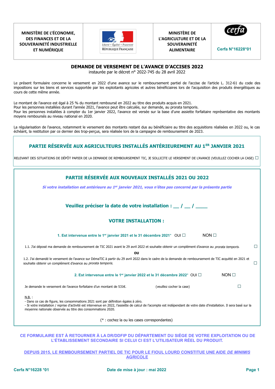 Page 1 du formulaire cerfa 16228 — Partie réservée aux agriculteurs installés antérieurement au 1 janvier 2021 ministère de l’économie