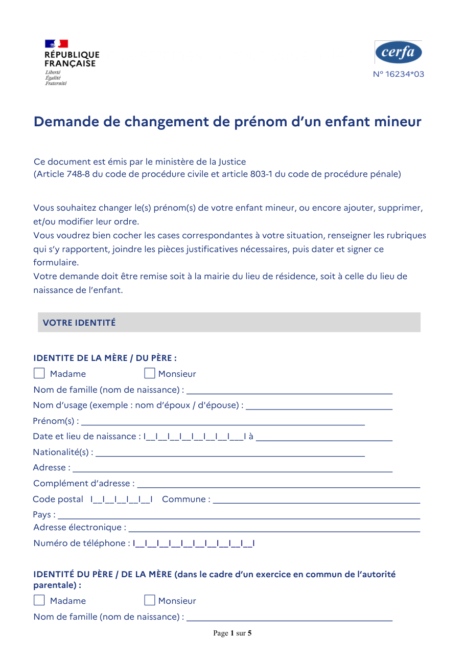 Page 1 du formulaire cerfa 16234 — Demande de changement de prénom d'un enfant mineur