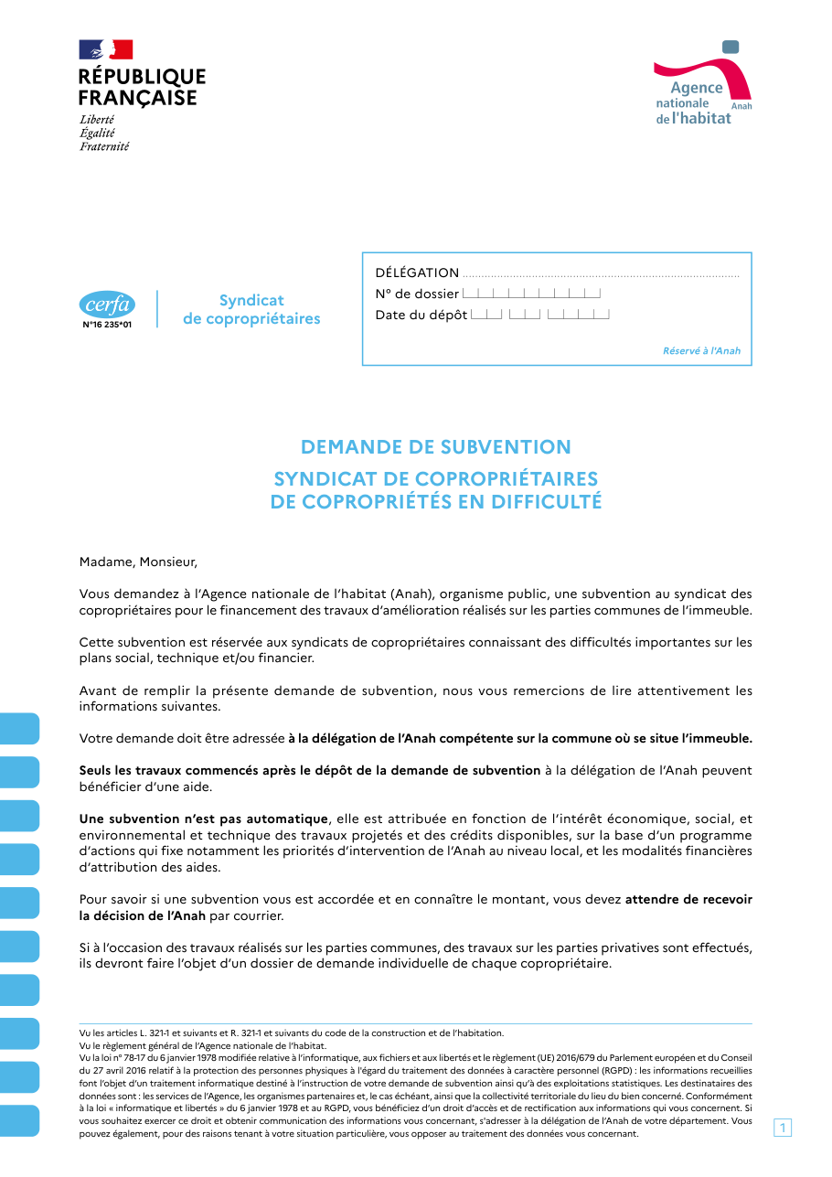 Page 1 du formulaire cerfa 16235 — Demande de subvention — syndicat de copropriétaires de copropriétés en difficulté