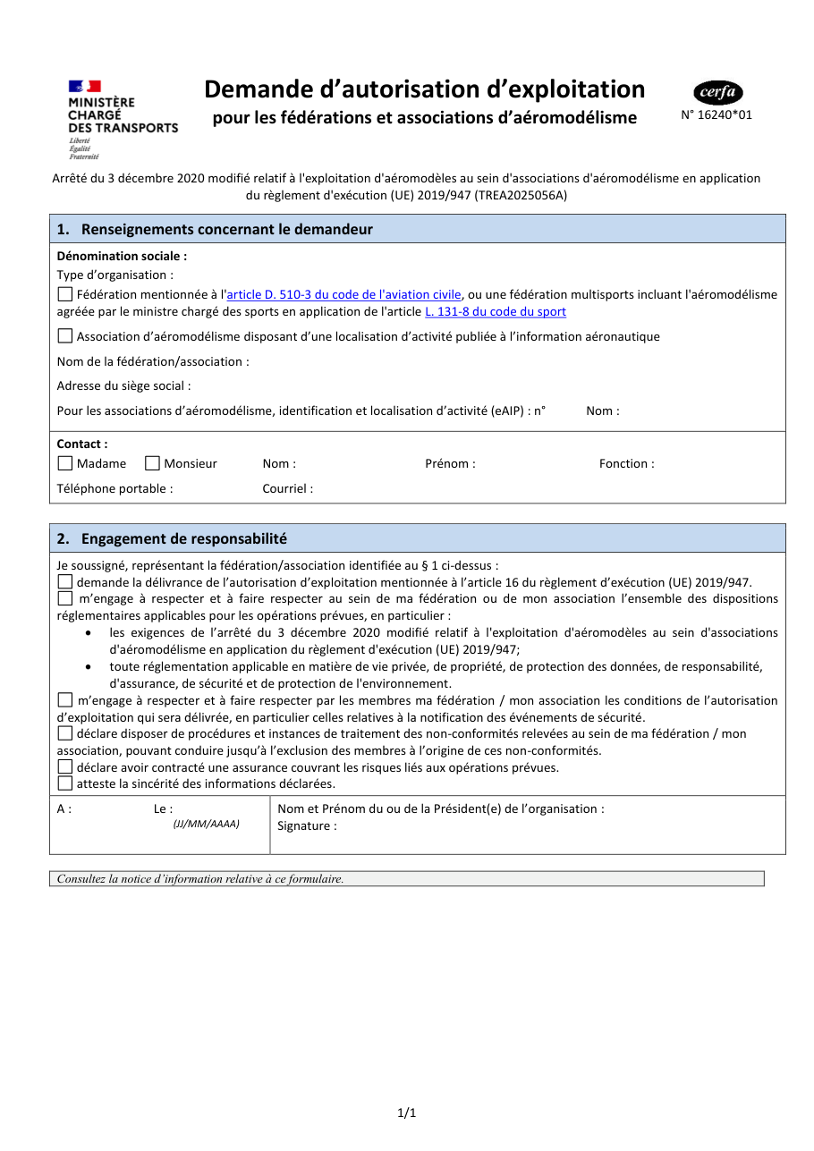 Page 1 du formulaire cerfa 16240 — Demande d'autorisation d'exploitation — fédérations et associations d'aéromodélisme