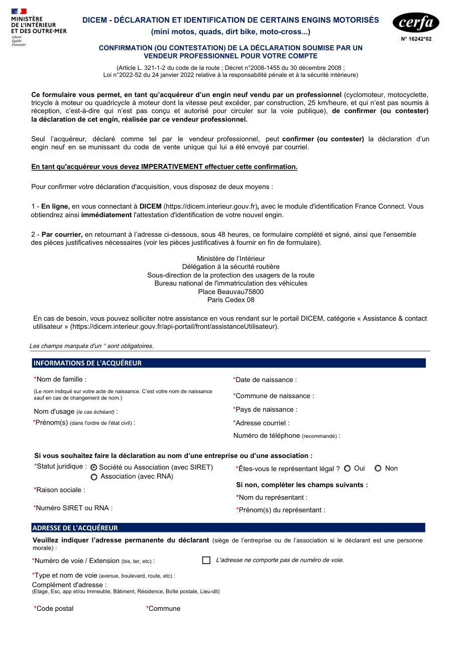 Page 1 du formulaire cerfa 16242 — DICEM — Confirmation par l'acquéreur de la déclaration d'un engin motorisé