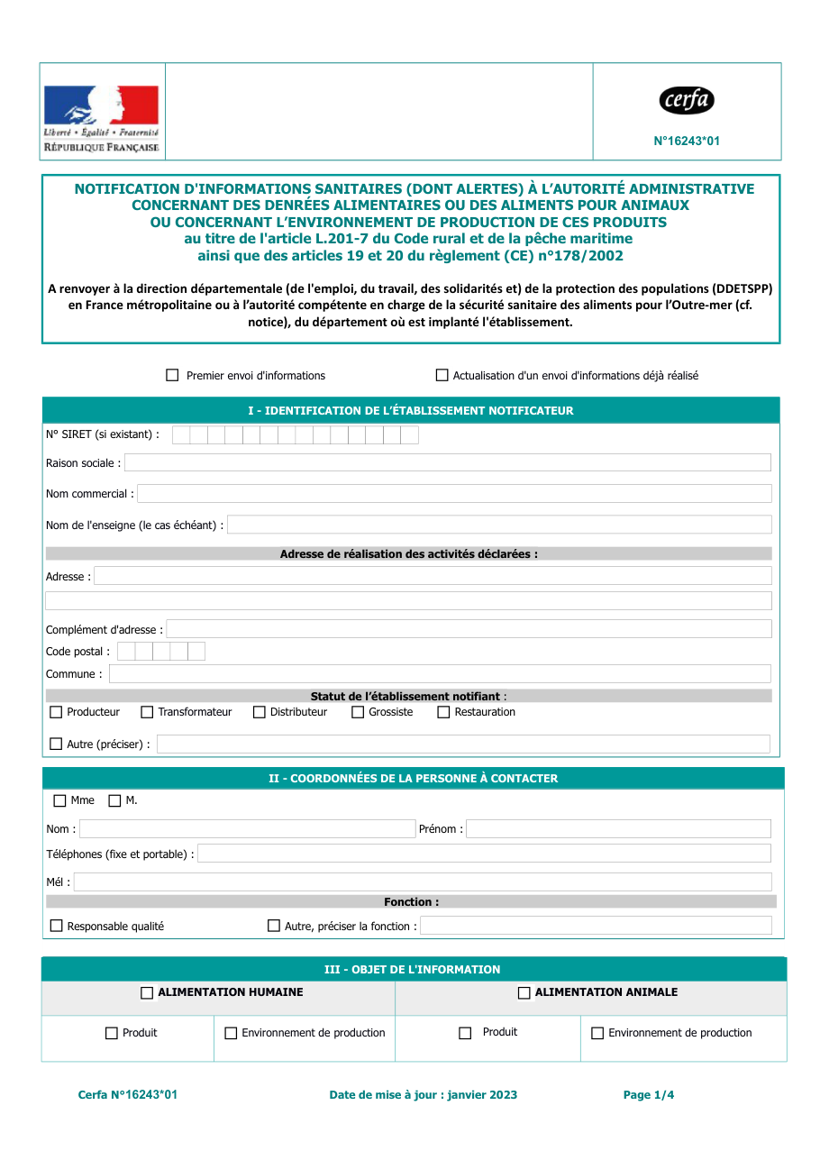 Page 1 du formulaire cerfa 16243 — Notifier une information sanitaire ou une alerte à l'autorité administrative