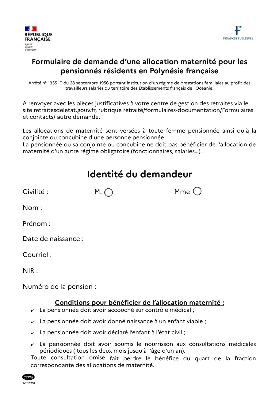 Page 1 du formulaire cerfa 16257 — Demande d'allocation maternité pour les pensionnés résidant en Polynésie française