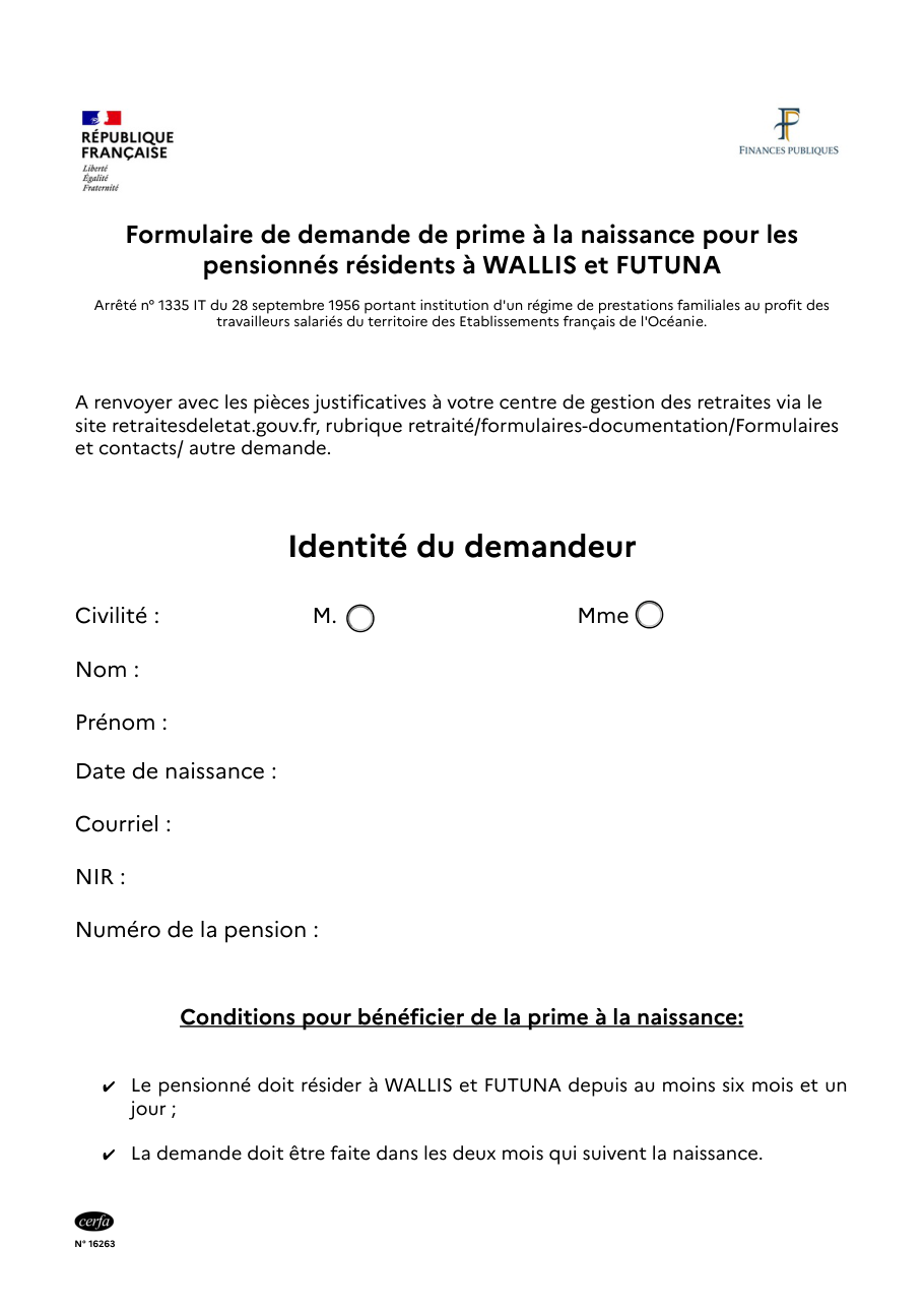 Page 1 du formulaire cerfa 16263 — Demande de prime à la naissance pour les pensionnés résidents à Wallis-et-Futuna