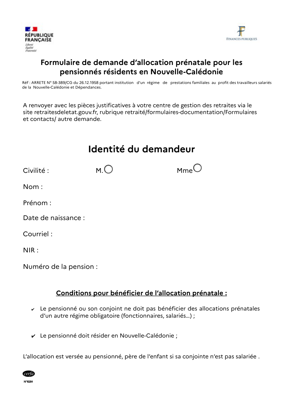 Page 1 du formulaire cerfa 16264 — Demande d'allocation prénatale pour les pensionnés résidant en Nouvelle-Calédonie