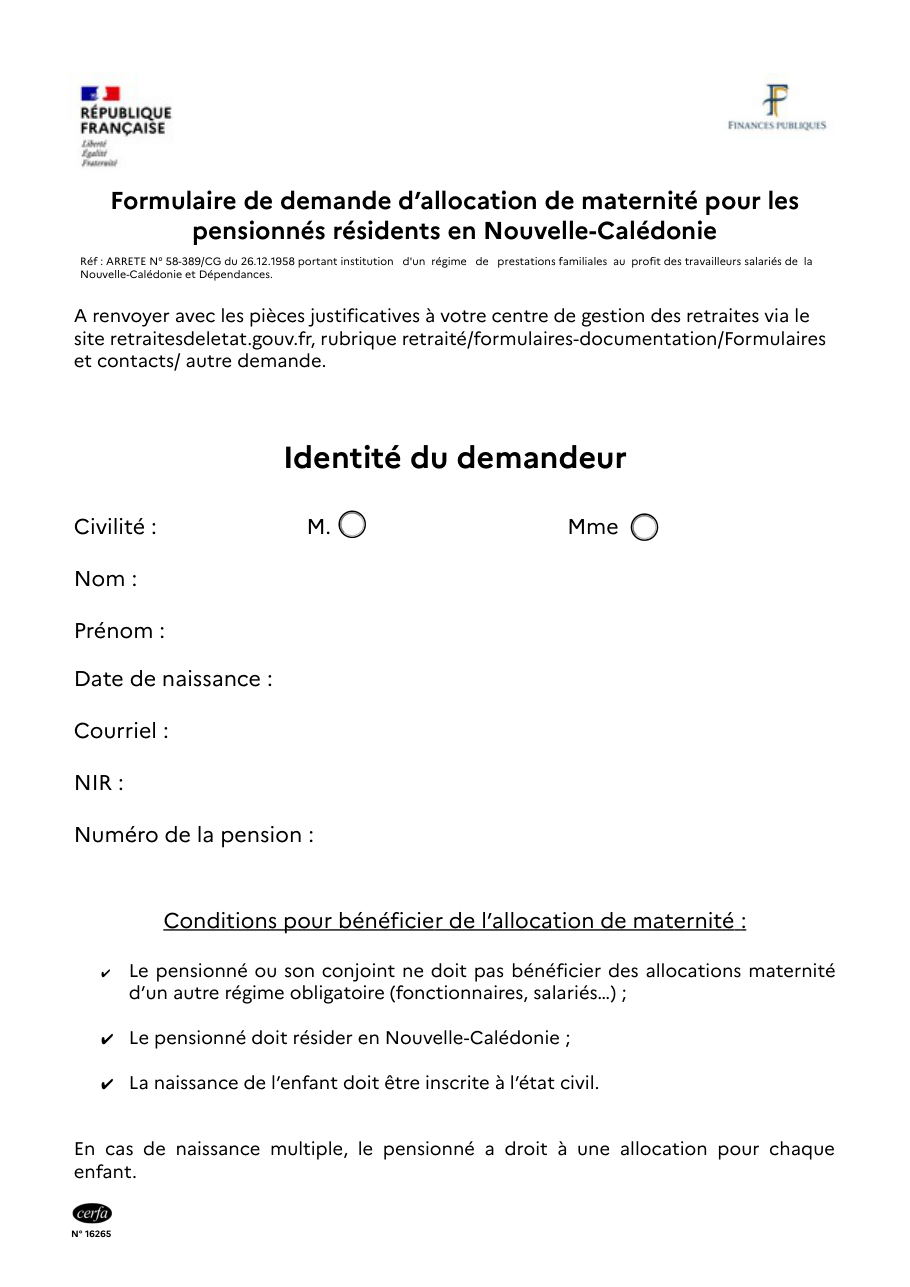 Page 1 du formulaire cerfa 16265 — Demande d'allocation de maternité pour les pensionnés résidant en Nouvelle-Calédonie