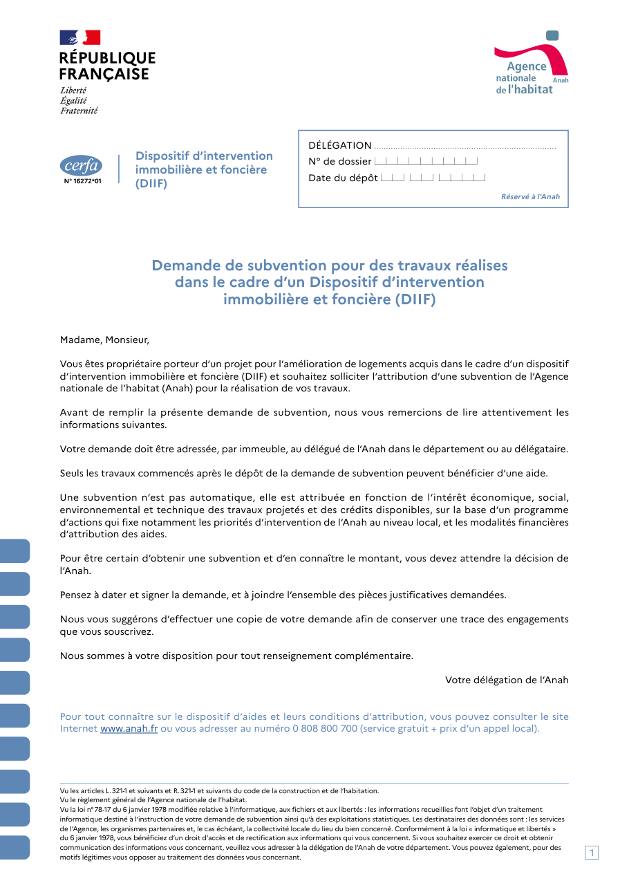 Page 1 du formulaire cerfa 16272 — Demander une subvention de l'Anah pour des travaux en dispositif d'intervention immobilière et foncière