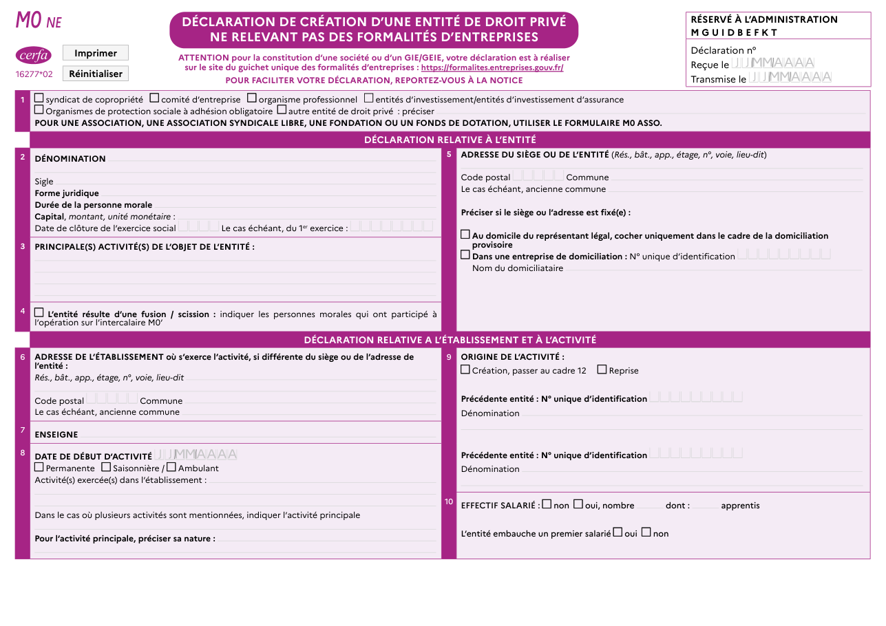Page 1 du formulaire cerfa 16277 — Déclaration de création d'une entité de droit privé ne relevant pas des formalités d'entreprises