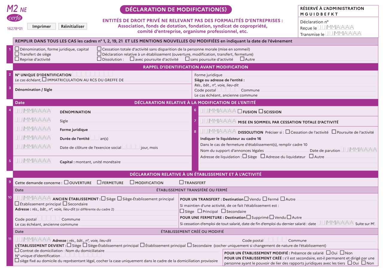Page 1 du formulaire cerfa 16278 — Déclaration de modification(s) d'une entité