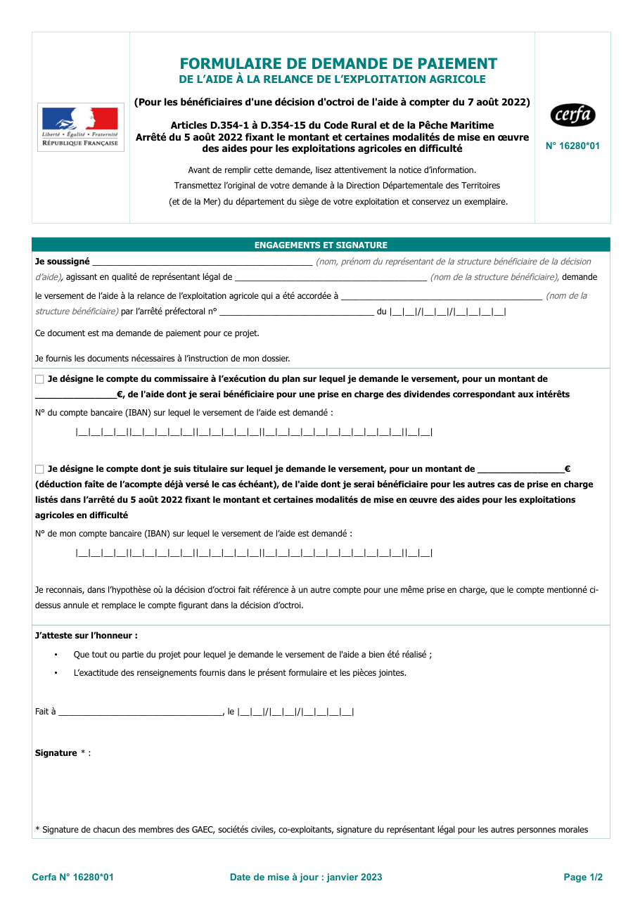 Page 1 du formulaire cerfa 16280 — Formulaire de demande de paiement de l’aide à la relance de l’exploitation agricole