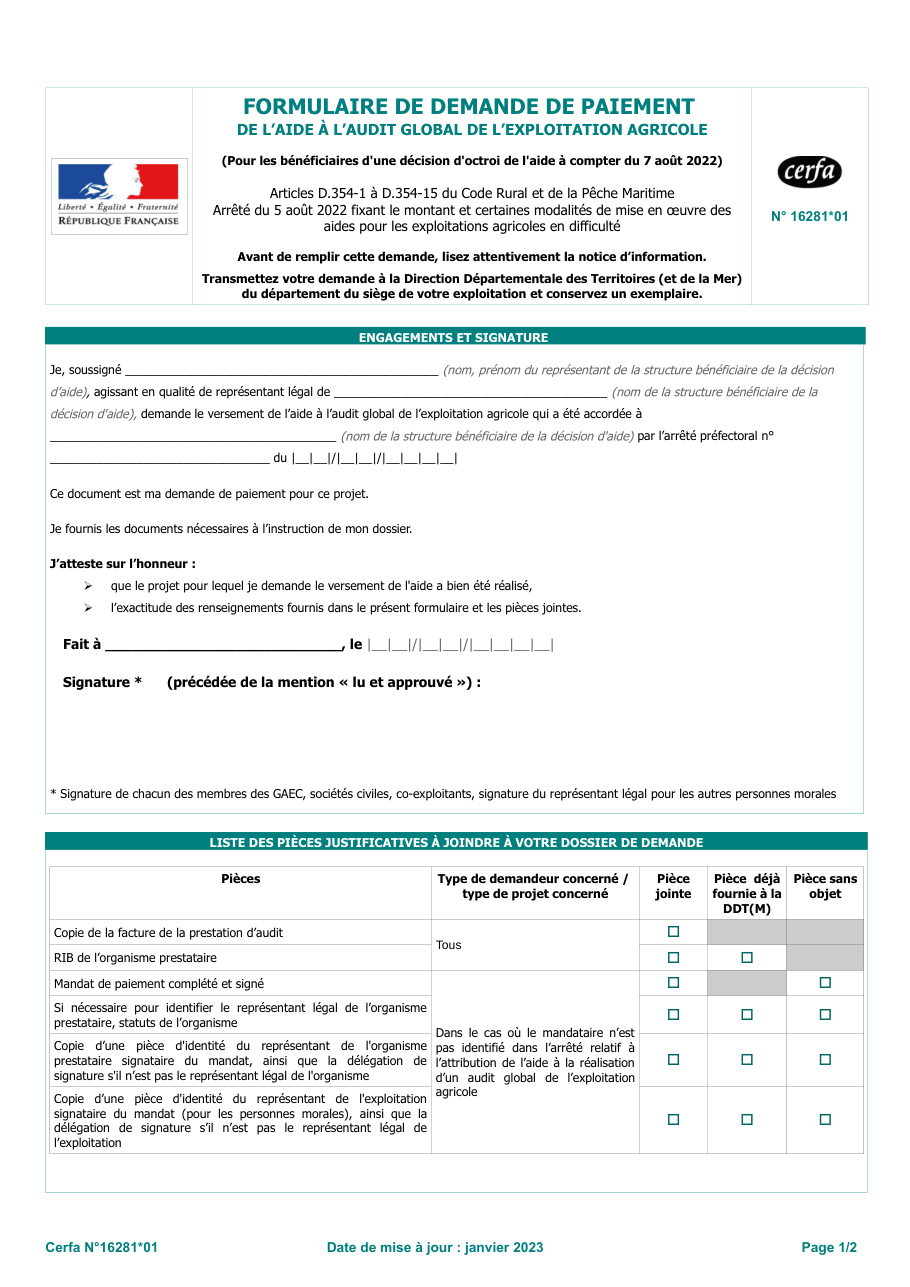 Page 1 du formulaire cerfa 16281 — Formulaire de demande de paiement — aide à l'audit global de l'exploitation agricole