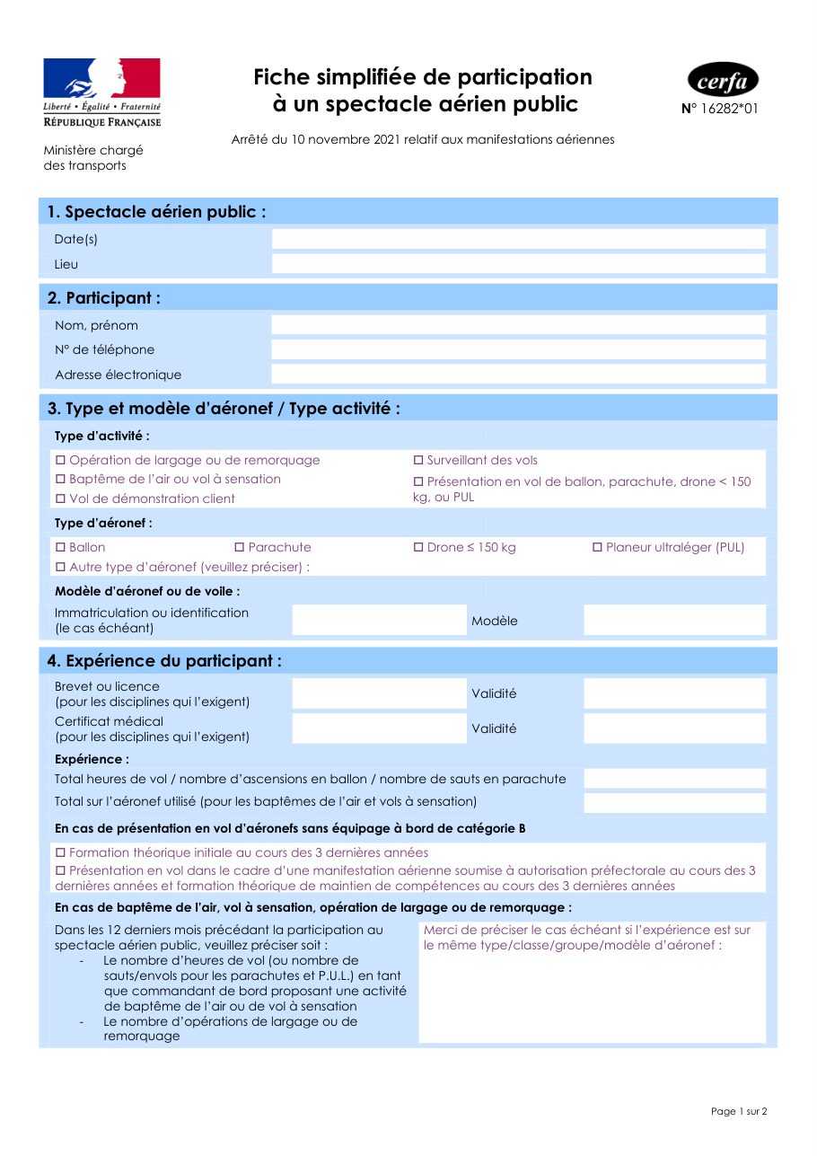 Page 1 du formulaire cerfa 16282 — Fiche simplifiée de participation à un spectacle aérien public