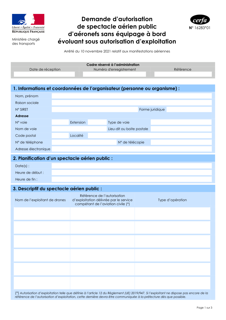 Page 1 du formulaire cerfa 16283 — Demande d'autorisation de spectacle aérien public d'aéronefs sans équipage à bord évoluant sous autorisation